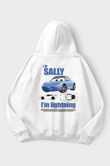 Beyaz Kapüşonlu I’M SALLY Car Detail Sırt Baskılı Sweatshirt